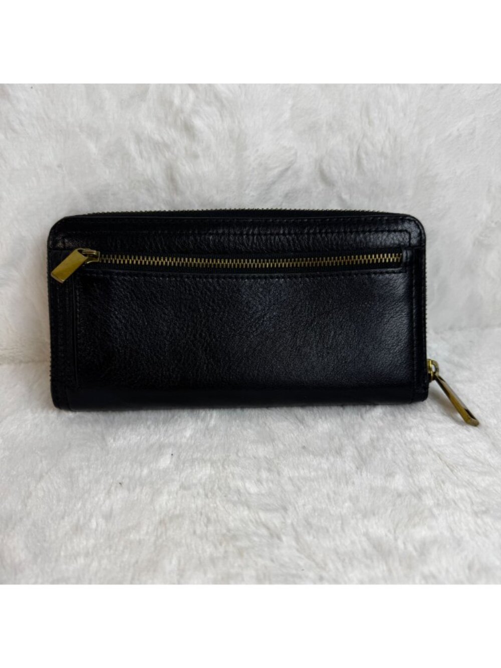 Fossil Black Leather Zip-Around Wallet Gold Accents Multiple Card Slots Logo - Picture 4 of 9